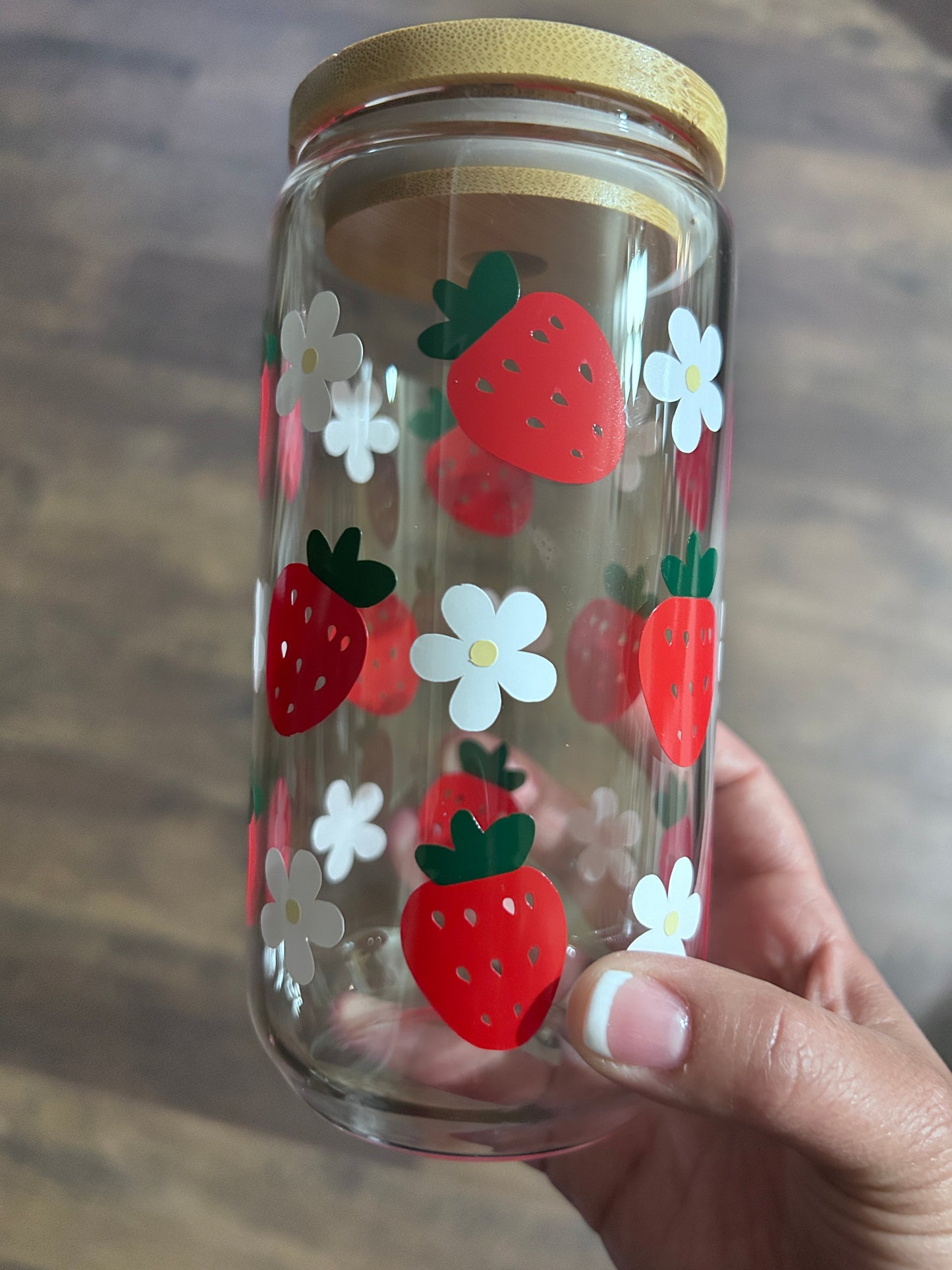 Strawberry Blossom Iced Coffee Glass with Bamboo Lid and Reusable Straw