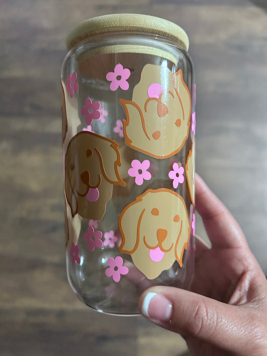 Floral Golden Retriever Glass Cup