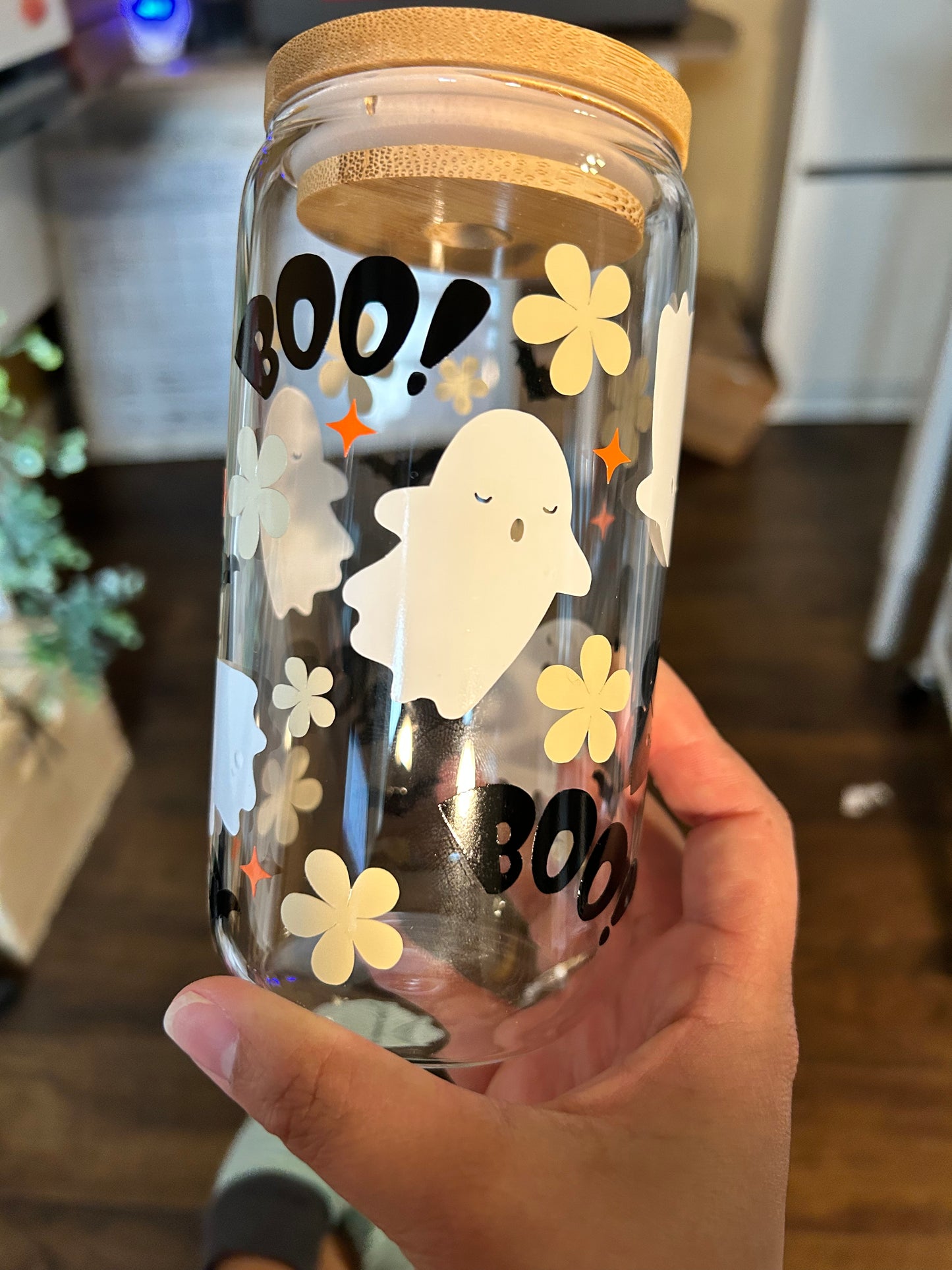 Spooky Spirits Halloween Glass Cup with Bamboo Lid