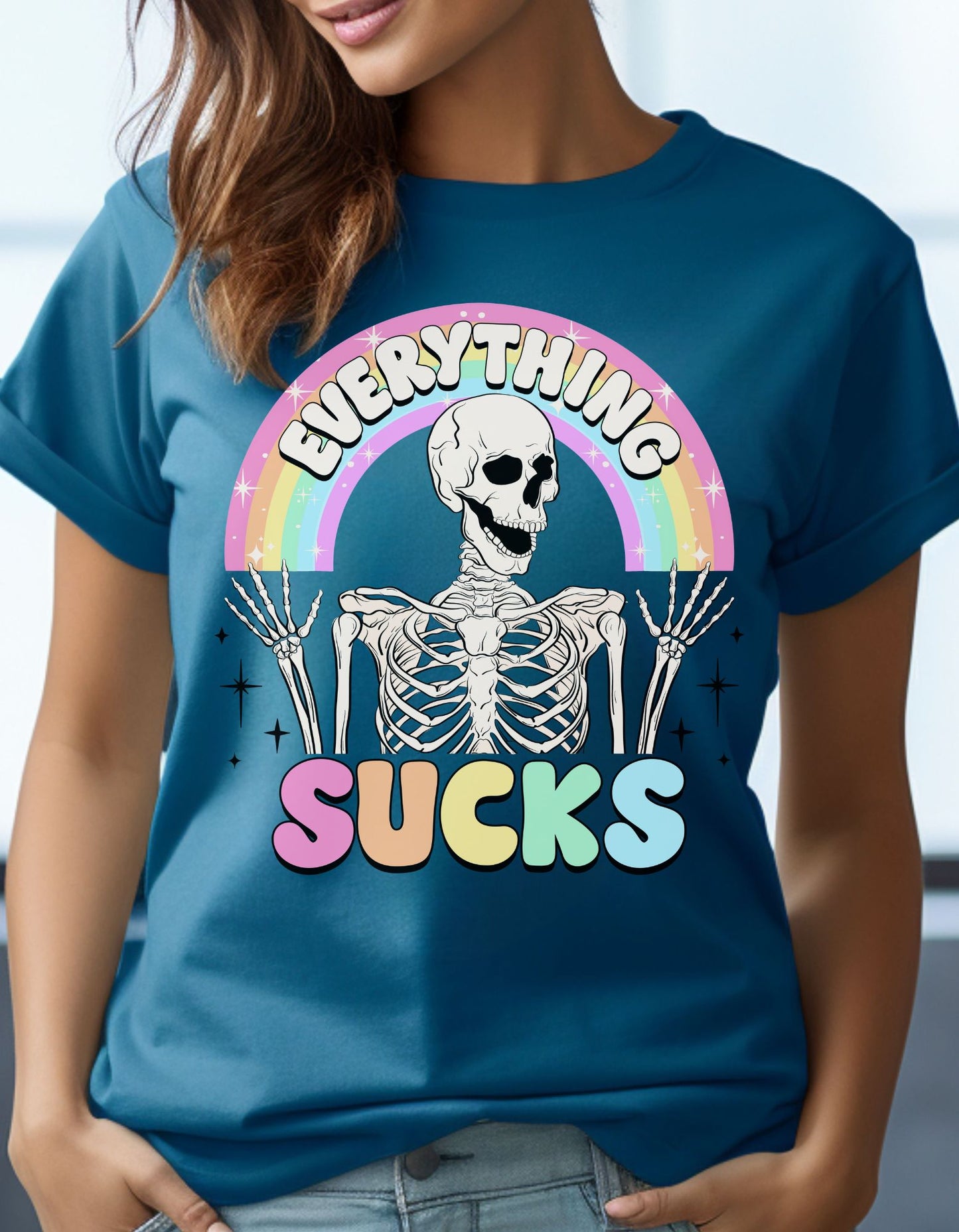 Humorous Vintage Skeleton "Everything Sucks" Graphic Tee