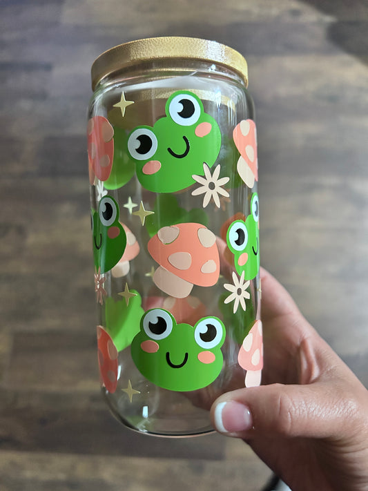 Kawaii Frog and Mushroom Glass Cup for Cute Drinkware