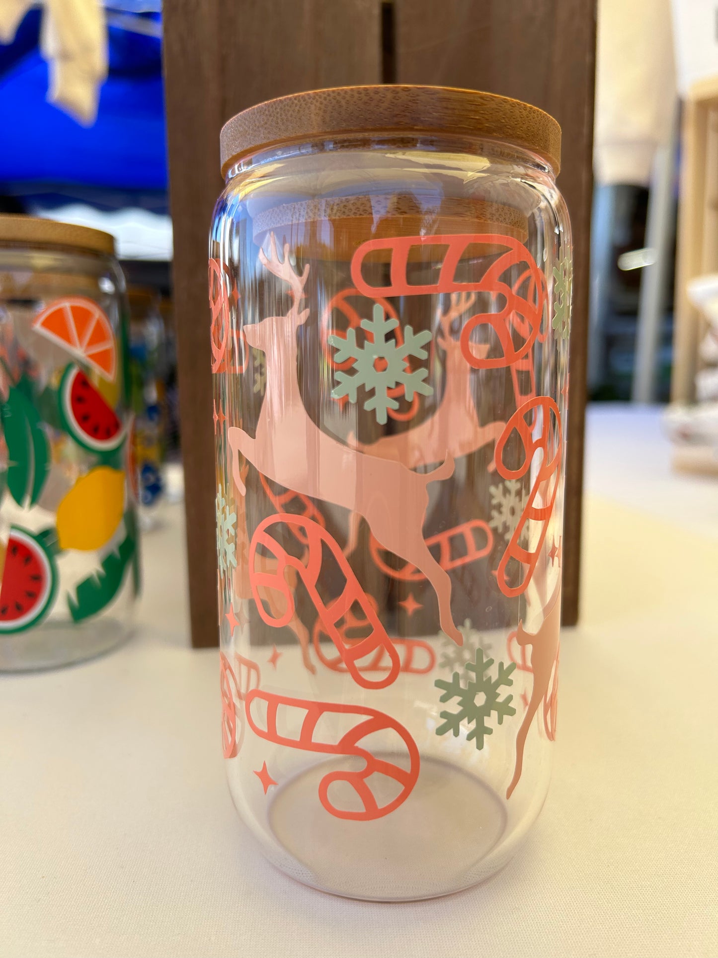 Pastel Christmas Reindeer Glass Cup