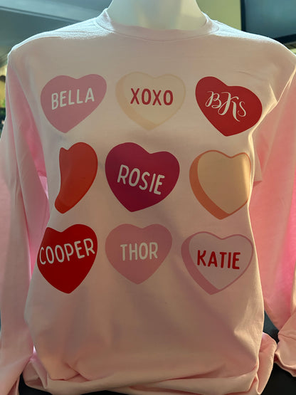 Customizable Candy Heart Valentine's Day Long Sleeve T-Shirt or Sweater