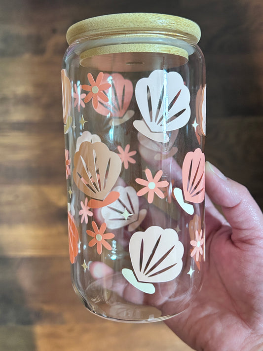 Pastel Seashells Glass Cup for Stylish Coastal Drinking