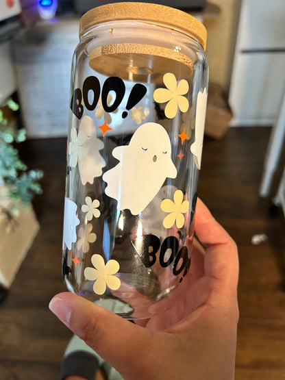 Spooky Spirits Halloween Glass Cup with Bamboo Lid