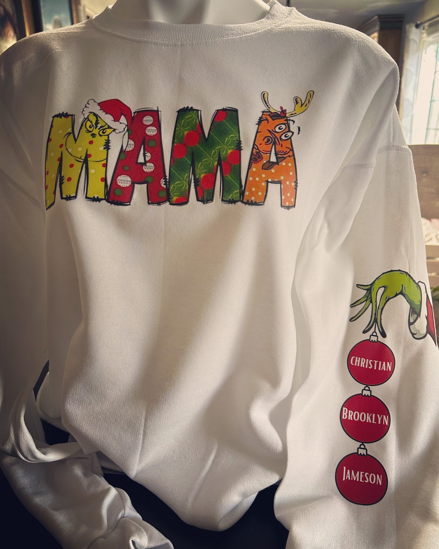 Mama Grinch Christmas Crewneck Sweater Personalized with Names