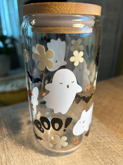 Spooky Spirits Halloween Glass Cup with Bamboo Lid