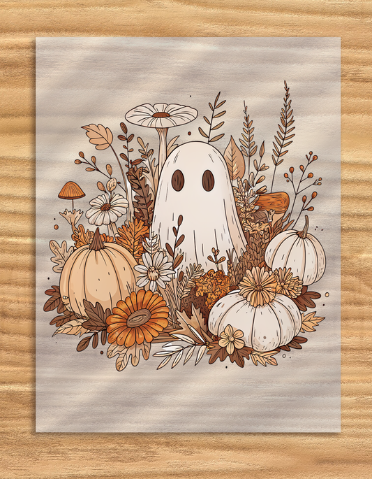 DTF Transfer Floral Ghost Pumpkin Patch Halloween Design