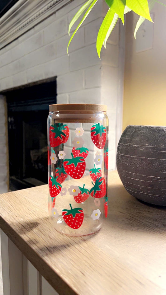 Strawberries and Flowers Drinking Glass | Iced Coffee Cup
