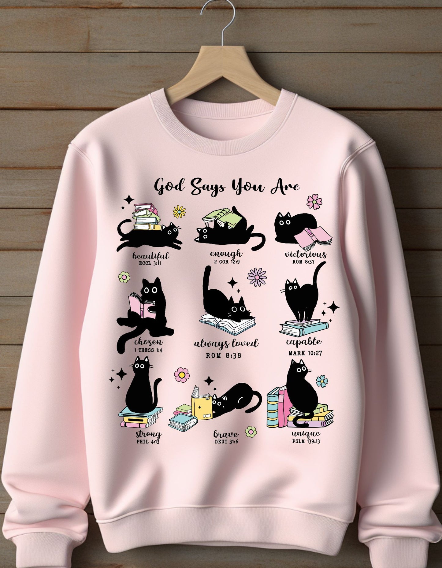 "God Says You Are" Black Cat w/ Uplifting Bible Verses Crewneck Sweater