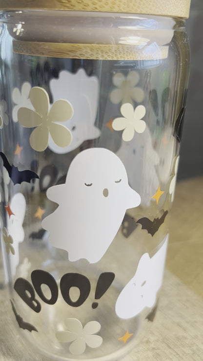 Spooky Spirits Halloween Glass Cup with Bamboo Lid